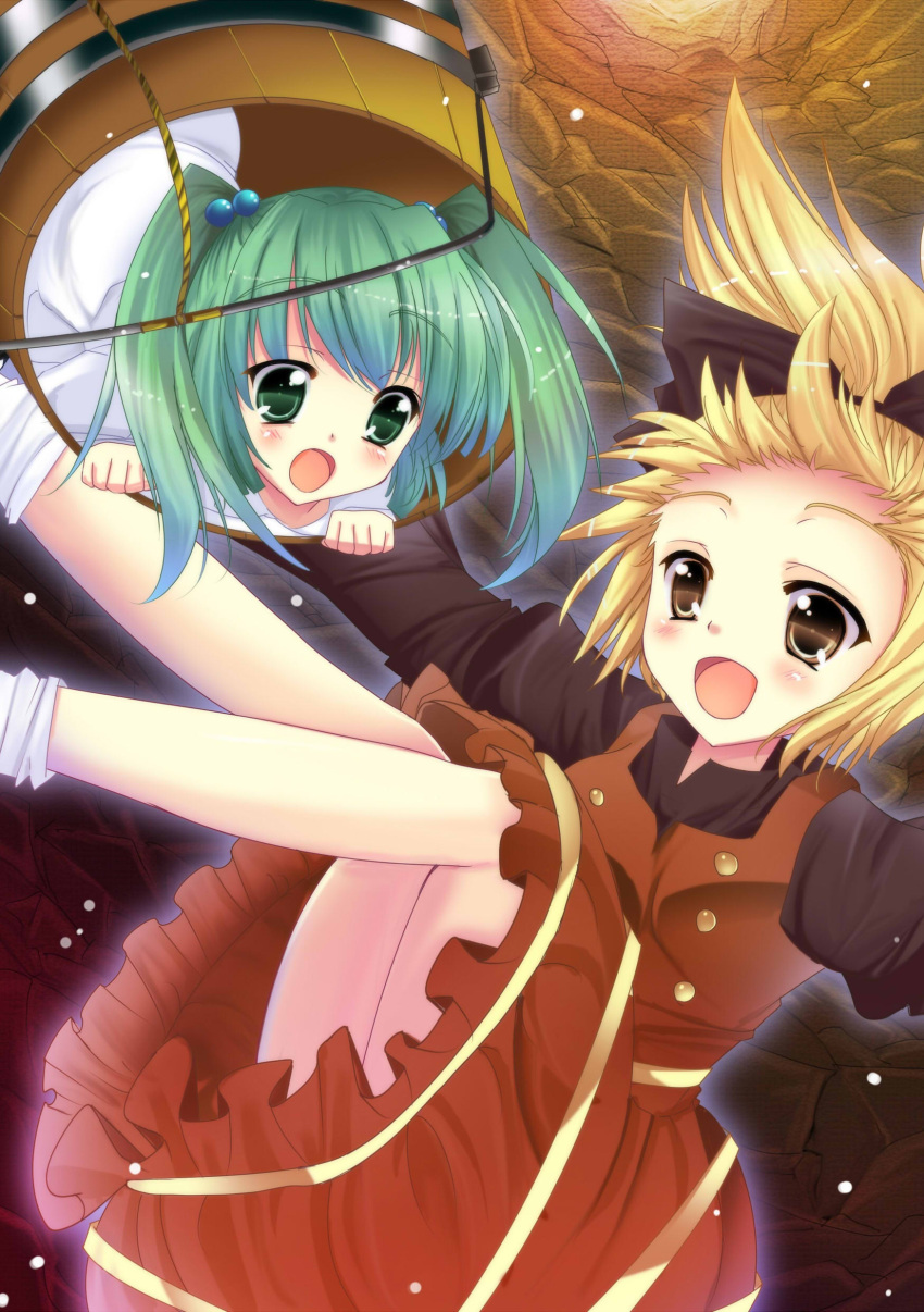 absurdres blonde_hair blush bow bucket dress green_hair hair_bobbles hair_bow hair_ornament highres in_bucket in_container kisume kurodani_yamame long_sleeves multiple_girls natsumikan open_mouth puffy_sleeves short_hair touhou twintails upside-down wide_sleeves yellow_eyes