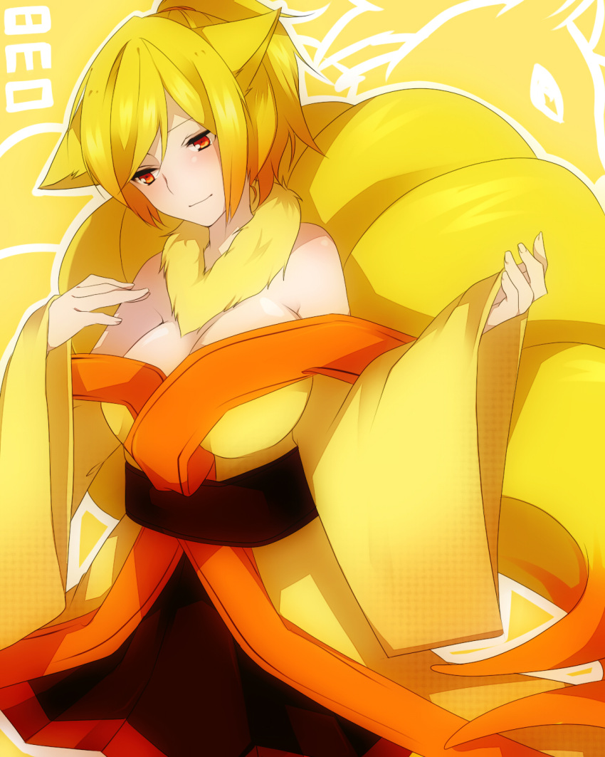 animal_ears bare_shoulders blonde_hair blush breasts fox_ears fox_tail fur gradient_hair highres japanese_clothes kimono kyuubi large_breasts light_smile looking_down multicolored_hair multiple_tails ninetales off_shoulder personification pokemon ponytail solo tail takeshima_(nia) wide_sleeves