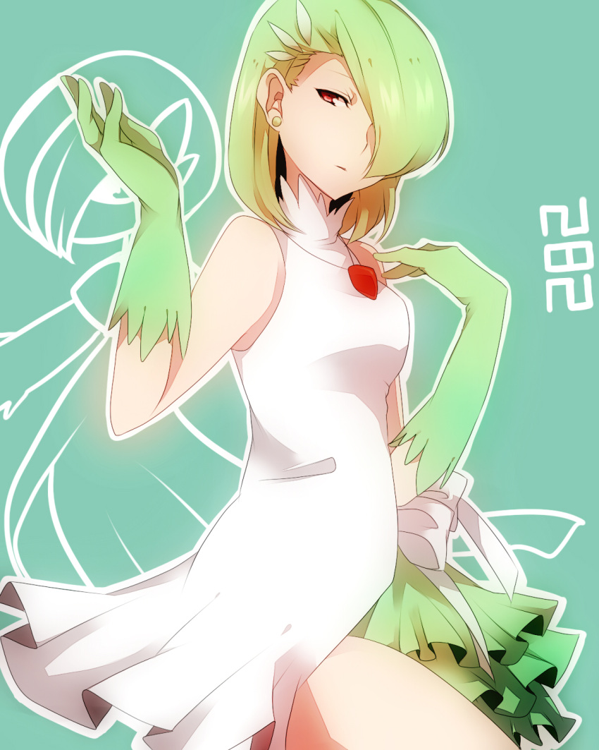 dress earrings gardevoir gloves green_gloves green_hair highres jewelry necklace personification pokemon red_eyes sleeveless sleeveless_dress solo takeshima_(nia) takeshimaaa