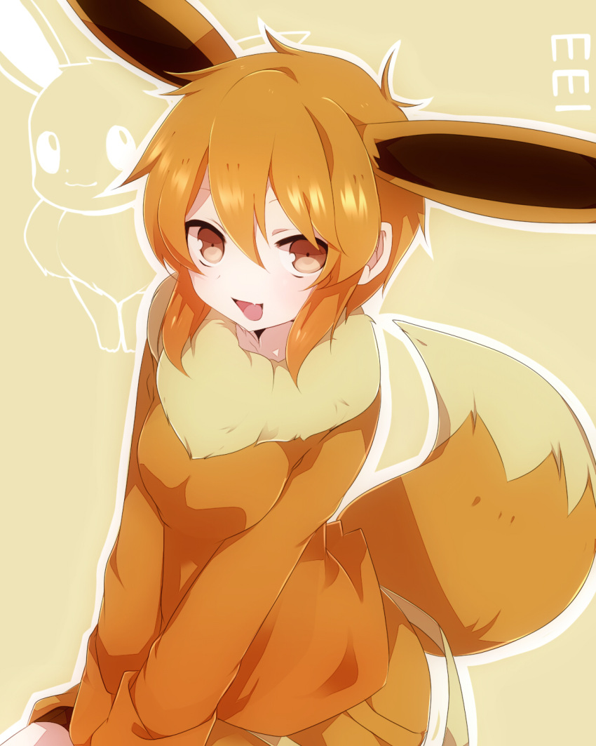 animal_ears brown_eyes brown_hair eevee extra_ears fang highres looking_at_viewer open_mouth personification pokemon short_hair smile solo tail takeshima_(nia) v_arms
