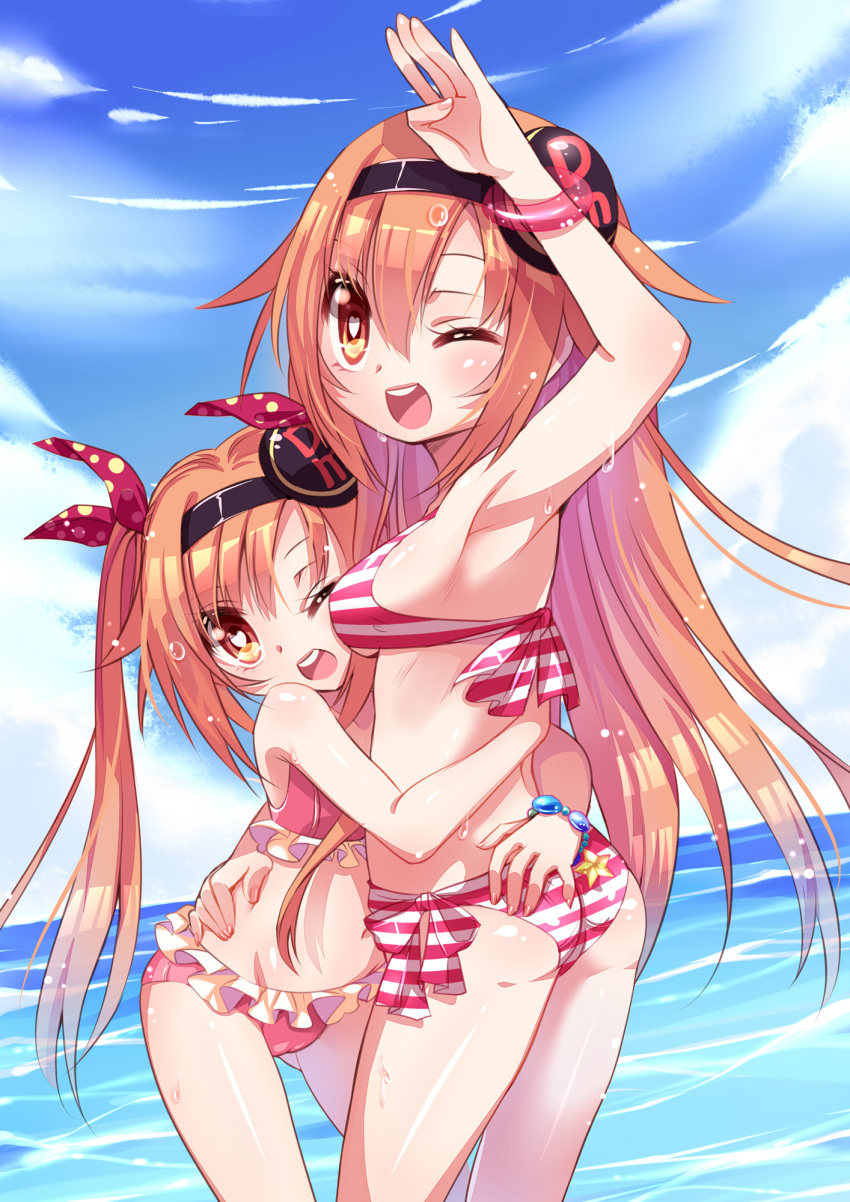 ass bikini brown_eyes brown_hair heart heart-shaped_pupils highres hug long_hair multiple_girls mvv orange_hair original striped striped_bikini striped_swimsuit swimsuit symbol-shaped_pupils twintails wink