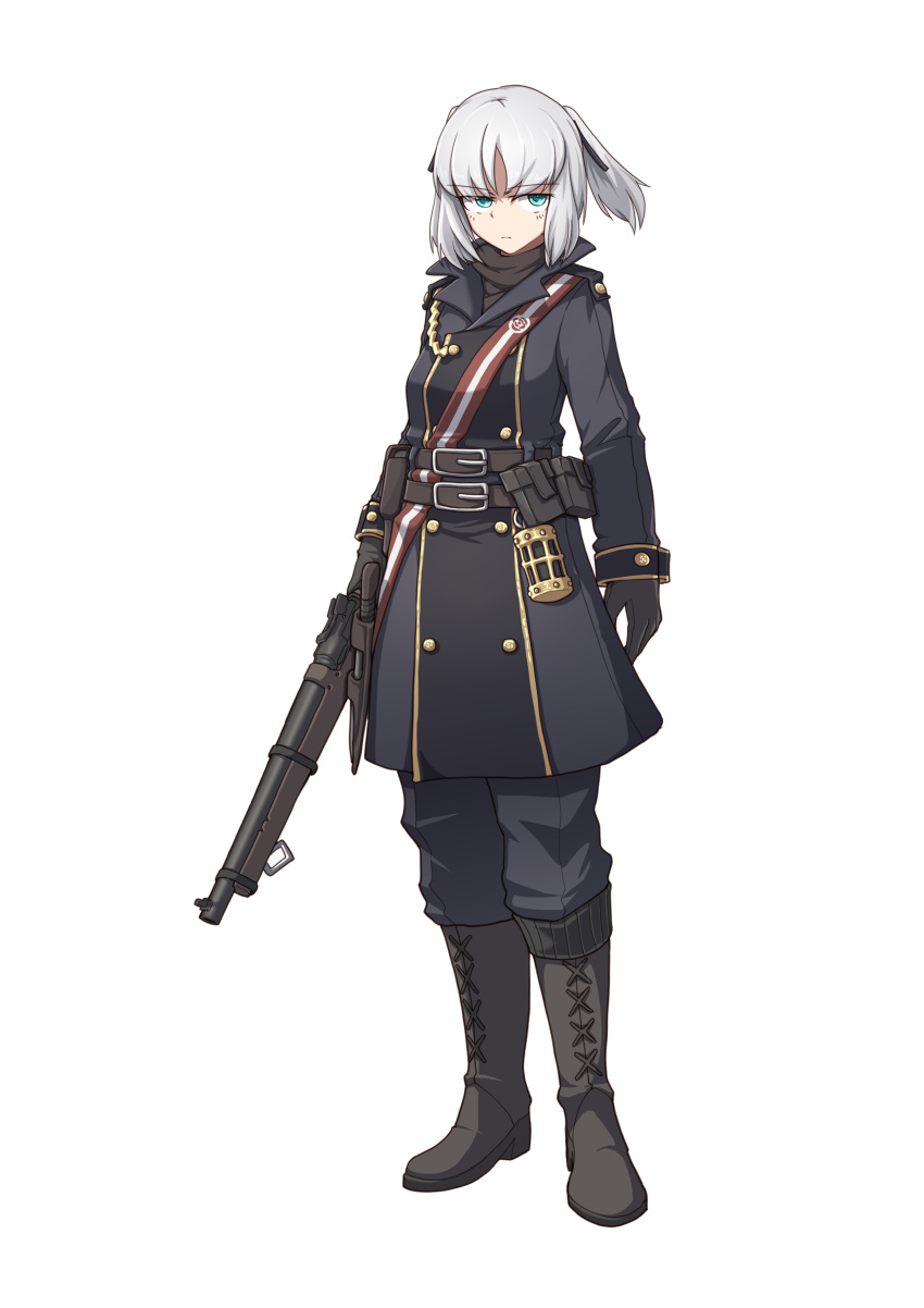 1girl absurdres aqua_eyes belt chinese_commentary commentary_request full_body gloves gun highres holding holding_gun holding_weapon military military_uniform original ponytail pouch sheath sheathed sherman_(egnk2525) short_hair solo standing uniform weapon white_background white_hair