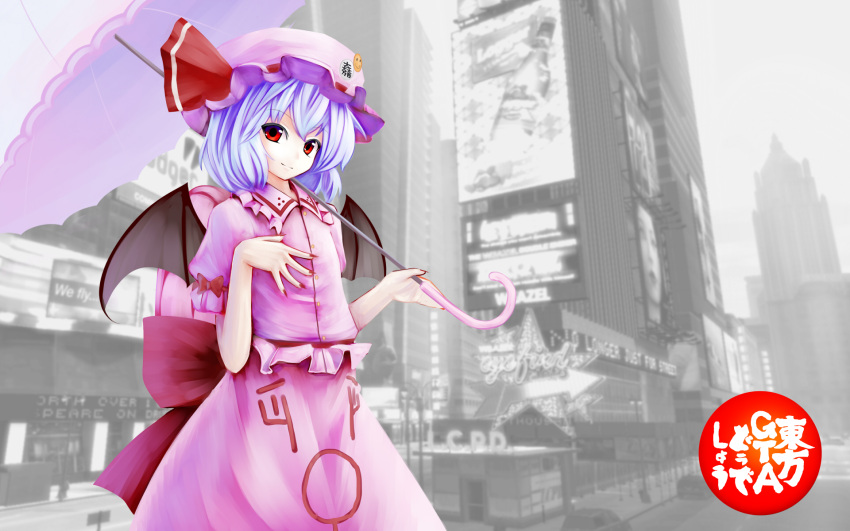 bat_wings blue_hair grand_theft_auto hat hat_ribbon highres landmark nishi_masakazu parody puffy_sleeves red_eyes remilia_scarlet ribbon short_hair short_sleeves smile solo times_square touhou umbrella wings