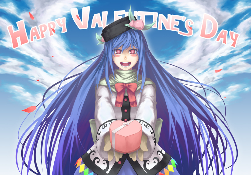 adapted_costume alternate_headwear blue_hair blush bow cloud clouds food fruit happy_valentine hat heart heart-shaped_pupils hinanawi_tenshi leaf long_hair long_sleeves muchakushoku open_mouth peach pink_eyes scarf sky solo symbol-shaped_pupils touhou valentine very_long_hair
