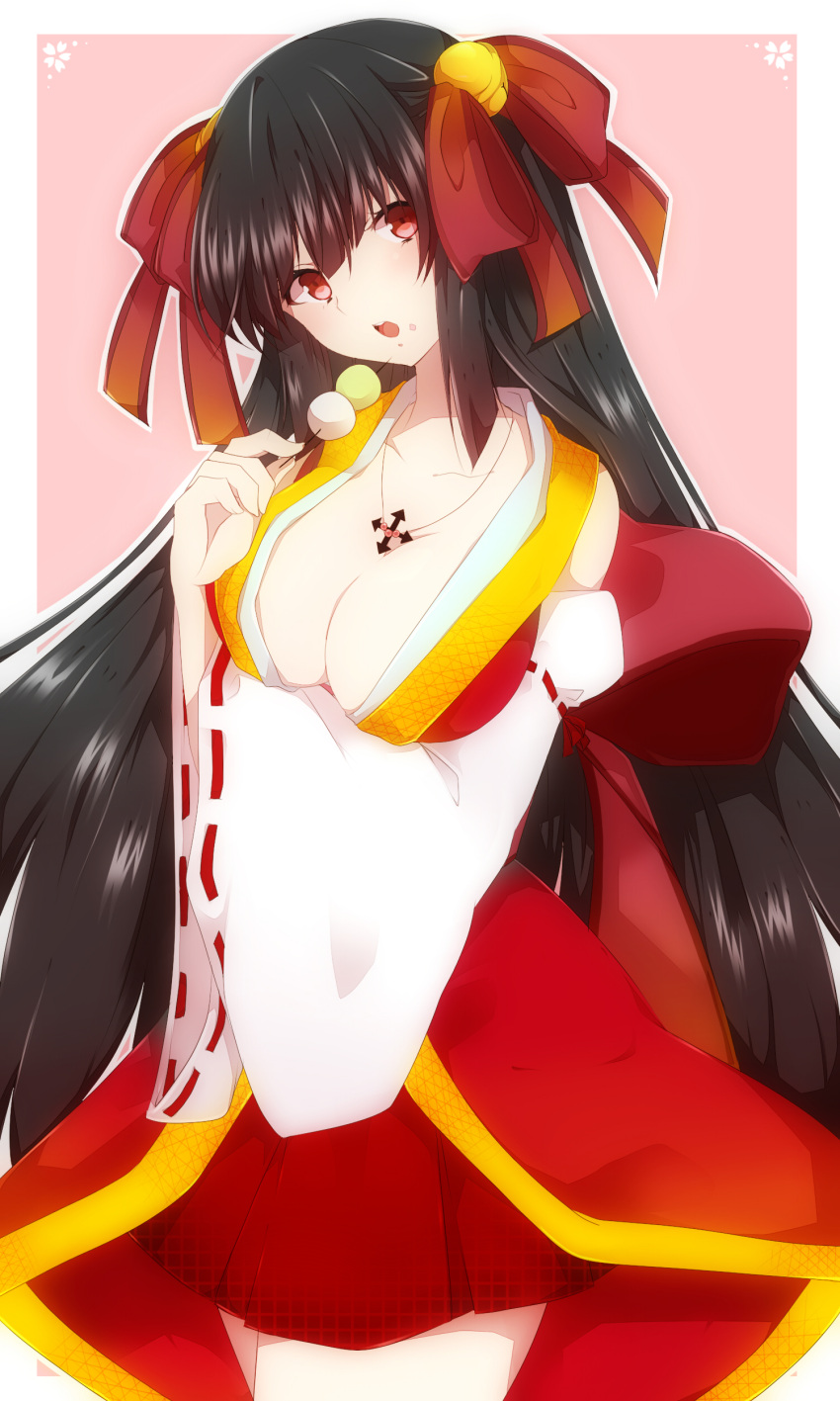absurdres bell black_hair bow breast_hold breasts cleavage dango detached_sleeves food food_on_face hair_bell hair_bow hair_ornament head_tilt highres japanese_clothes jewelry jingle_bell large_breasts long_hair looking_at_viewer miko necklace original red_eyes skirt takeshima_(nia) very_long_hair wagashi