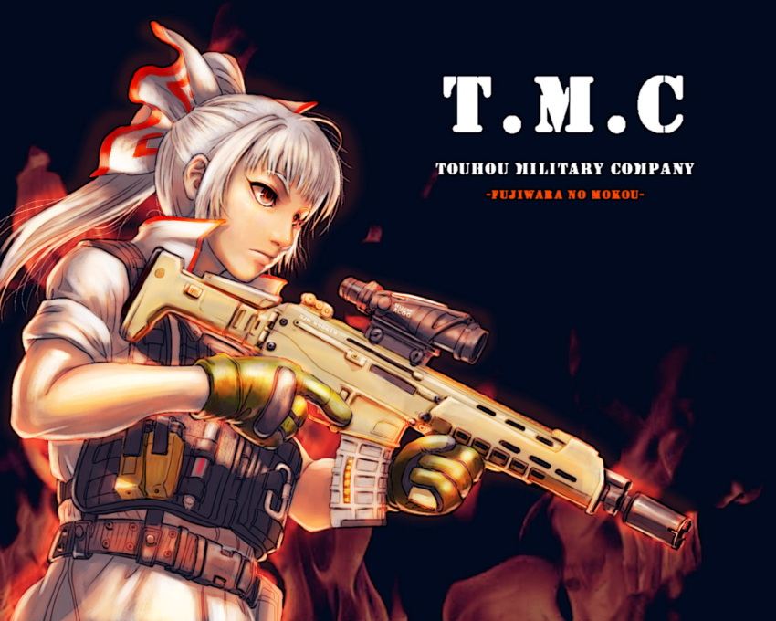 acog acr alternate_costume alternate_hairstyle assault_rifle bow bushmaster_acr fire fujiwara_no_mokou gun hair_bow load_bearing_vest long_hair operator ranger_(mll0101) red_eyes rifle short_sleeves silver_hair sleeves_rolled_up solo touhou trigger_discipline vest weapon