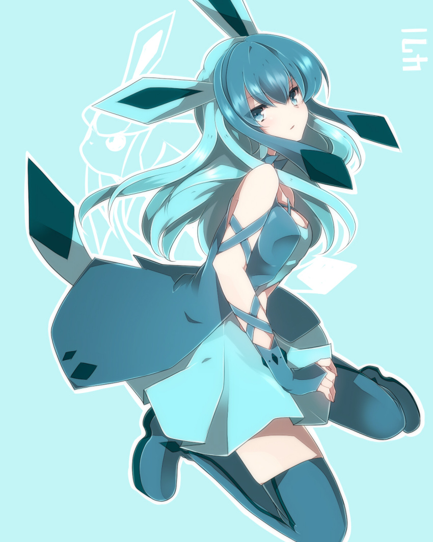 animal_ears bare_shoulders blue_eyes blue_hair blue_legwear boots glaceon highres long_hair looking_at_viewer multicolored_hair personification pokemon solo tail takeshima_(nia) thigh-highs thigh_boots thighhighs two-tone_hair zettai_ryouiki