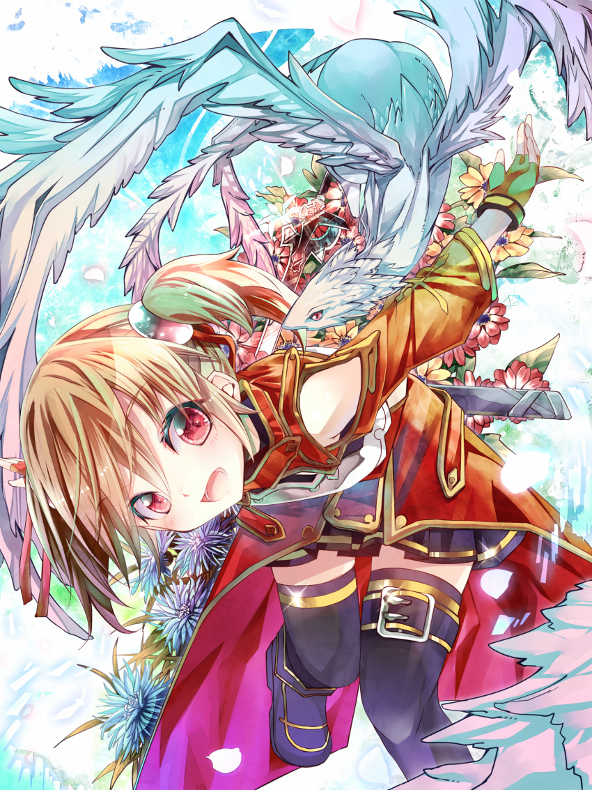 animal blonde_hair detached_sleeves fingerless_gloves flower gloves highres open_mouth petals pina_(sao) red_eyes runa scabbard sheath sho_(runatic_moon) short_hair short_twintails silica sword_art_online thigh-highs thighhighs twintails