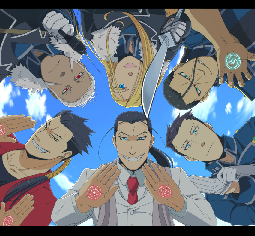 5boys aiming_at_viewer black_hair blue_eyes circle_formation evil_grin evil_smile frank_archer from_below fullmetal_alchemist grin highres isaac_macdougal letterboxed looking_at_viewer magic_circle miles multiple_boys multiple_persona ntm olivier_mira_armstrong ponytail red_eyes smile solf_j_kimblee sword weapon