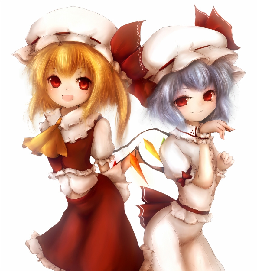 amanojaku ascot bat_wings blonde_hair blue_hair crystal hat hat_ribbon highres multiple_girls open_mouth puffy_sleeves red_eyes remilia_scarlet ribbon short_sleeves siblings side_ponytail sisters touhou white_background wings wrist_cuffs