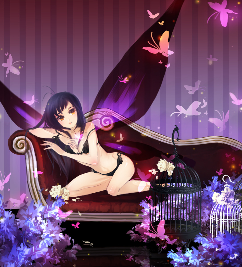 accel_world antenna_hair birdcage black_hair butterfly butterfly_wings cage couch fairy highres huazha01 kuroyukihime lingerie long_hair o-ring_bottom orange_eyes parted_lips solo strap_slip striped striped_background underwear vertical_stripes wings