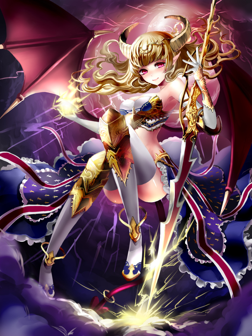 armor blonde_hair boots cloud clouds dragon_wings elbow_gloves electricity fantasy gloves highres horns long_hair looking_at_viewer original pink_eyes pointy_ears smile solo terai_(teraimorimori) thigh-highs thigh_boots thighhighs weapon wings
