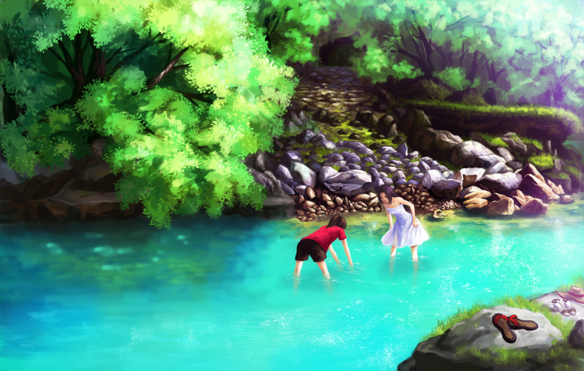 appleseed_(pixiv) bare_shoulders brown_eyes brown_hair dress dress_lift hat hat_removed headwear_removed highres long_hair looking_down multiple_girls original path ponytail rock sandals scenery shoes shorts sleeveless sleeveless_dress smile tree wading water