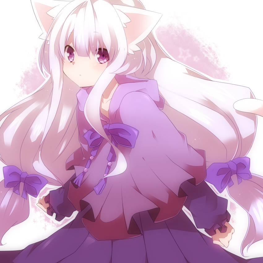 animal_ears blush bow capelet cat_ears clenched_hands dress hair_bow highres hood long_hair original pink_hair purple_eyes silver_hair solo takeshima_(nia) violet_eyes