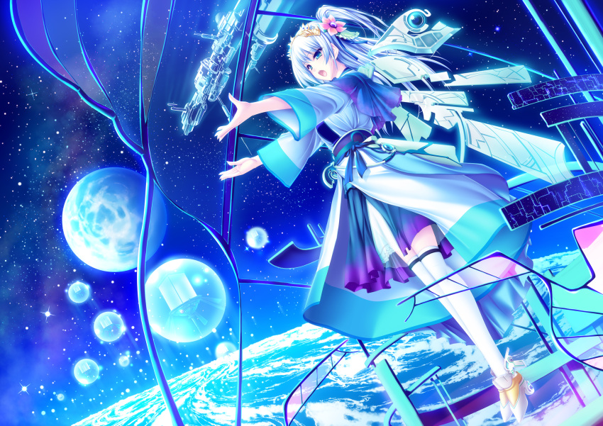blue_eyes blue_hair flower hair_flower hair_ornament highres long_hair open_mouth original outstretched_arms satellite solo space space_craft star tenmaso thigh-highs thighhighs white_legwear