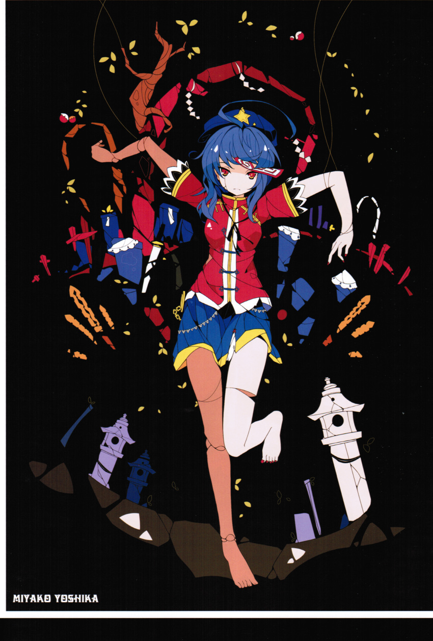 1girl absurdres ahoge bare_legs barefoot beret black_background blue_hair branch chain character_name crack doll_joints feet hat highres ideolo jiangshi looking_at_viewer marionette miyako_yoshika nail_polish ofuda red_eyes scan shirt short_hair short_sleeves skirt solo star stone_lantern string surreal sword thread touhou weapon