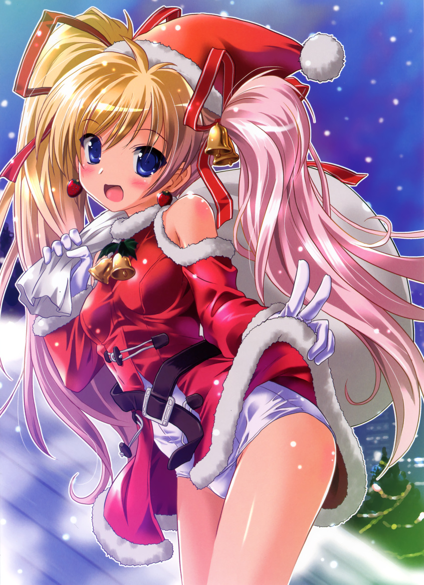 :d absurdres bare_shoulders bell blonde_hair blue_eyes blush christmas earrings gloves hair_bell hair_ornament hair_ribbon hat highres holding jewelry komatsu_e-ji komatsu_eiji long_hair looking_at_viewer multicolored_hair one-piece_swimsuit open_mouth original outline pink_hair ribbon sack santa_hat scan school_swimsuit smile solo swimsuit swimsuit_under_clothes twintails white_gloves white_school_swimsuit white_swimsuit