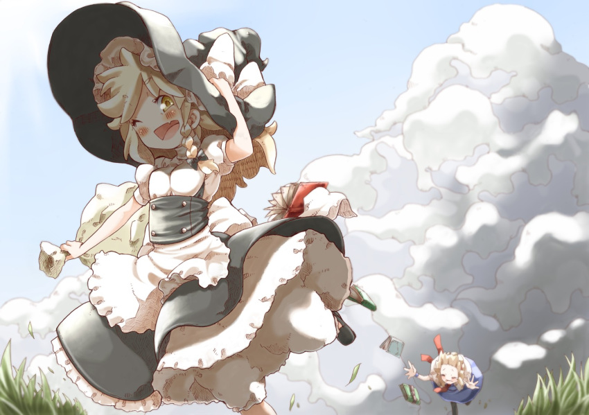 ;d alice_margatroid blonde_hair bloomers blush book bow chasing closed_eyes eyes_closed falling fang hand_on_hat hat hat_bow kirisame_marisa long_hair looking_at_viewer multiple_girls open_mouth sack short_hair shunsuke smile touhou tripping wink witch witch_hat yellow_eyes