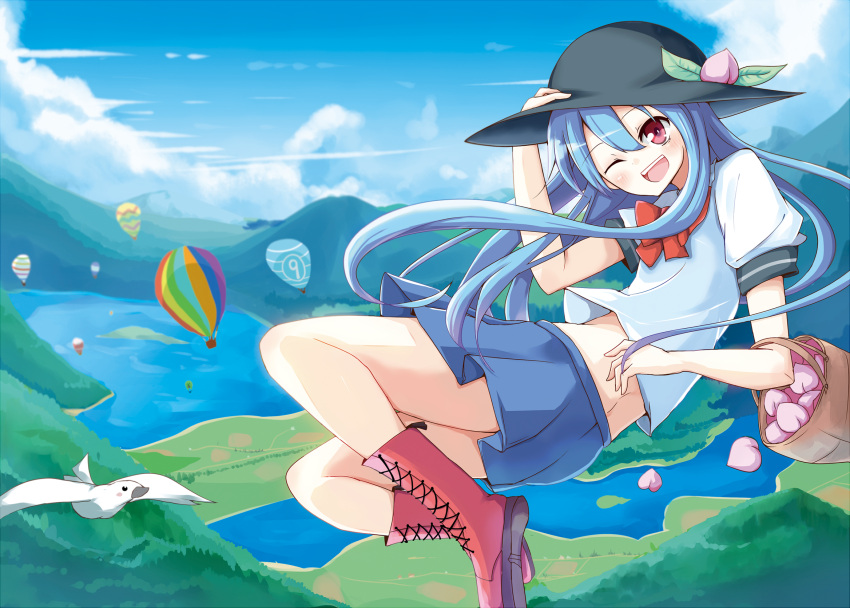 adapted_costume animal bird blue_hair blush boots cross-laced_footwear flying food fruit hat highres hinanawi_tenshi hot_air_balloon lake landscape long_hair midriff peach red_eyes scenic skirt solo soramuko touhou wink