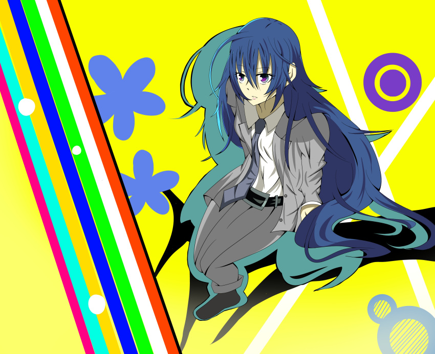 absurdres alternate_hair_length alternate_hairstyle blue_eyes blue_hair breasts formal highres hips k6266411on long_hair looking_at_viewer persona persona_4 persona_x_detective shirogane_naoto sitting solo suit wavy_hair