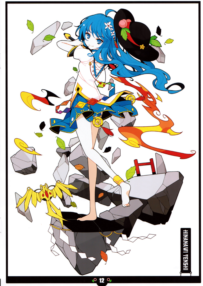 absurdres ahoge ankle_band anklet barefoot blue_eyes blue_hair fire flower hair_flower hair_ornament hat highres hinanawi_tenshi ideolo jewelry leaf long long_hair looking_at_viewer looking_back scan skirt smile solo sword sword_of_hisou touhou weapon