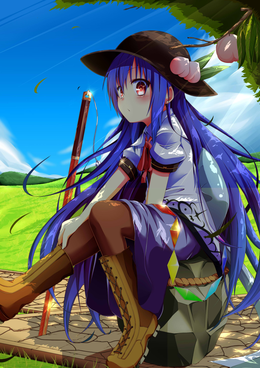 absurdres black_legwear blue_hair blush boots brown_legwear cloud clouds cross-laced_footwear food fruit hat highres hinanawi_tenshi keystone knee_boots lace-up_boots long_hair looking_at_viewer pantyhose path peach planted_sword planted_weapon red_eyes shade sitting sky solo sword sword_of_hisou touhou very_long_hair wakagi_repa weapon