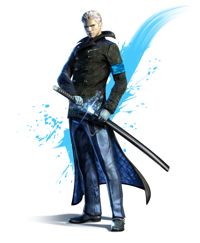 armband black_shoes blue_eyes chain devil_may_cry dmc:_devil_may_cry gloves highres katana long_coat male official_art pants sheath shiny short_hair simple_background solo sword unsheathing vergil weapon white_hair