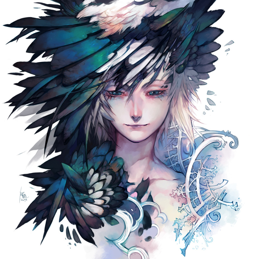 blonde_hair blue_eyes bust collarbone hat_feather headwear light_smile magpie original short_hair simple_background solo white_background yilee