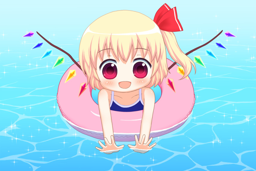 alternate_costume bebelona blonde_hair blush collarbone crystal flandre_scarlet hair_ribbon open_mouth partially_submerged red_eyes ribbon side_ponytail solo touhou water wings