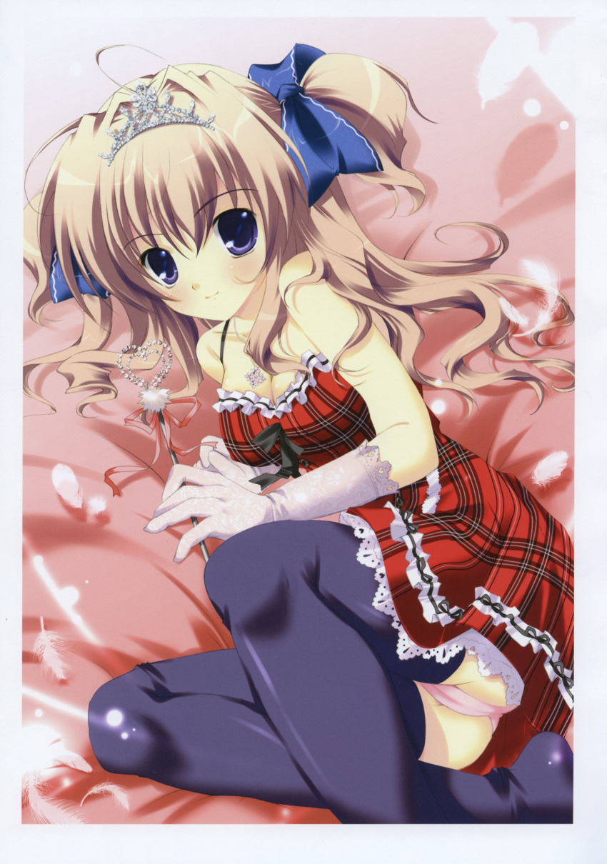 absurdres blue_eyes bow breasts brown_hair cleavage copyright_request crown dress feathers hair_bow hair_intakes highres jewelry lying mikeou necklace panties pantyshot pink_panties plaid plaid_dress print_gloves prismdays purple_legwear scepter thigh-highs thighhighs two_side_up underwear