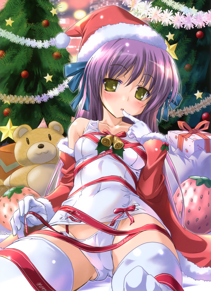 absurdres bare_shoulders bell christmas_tree copyright_request detached_sleeves finger_to_mouth fur_trim gift gloves hat highres jingle_bell komatsu_e-ji komatsu_eiji long_hair off_shoulder parted_lips purple_hair sack santa_hat scan school_swimsuit sitting solo stuffed_animal stuffed_toy swimsuit teddy_bear thigh-highs thighhighs white_gloves white_legwear white_school_swimsuit yellow_eyes