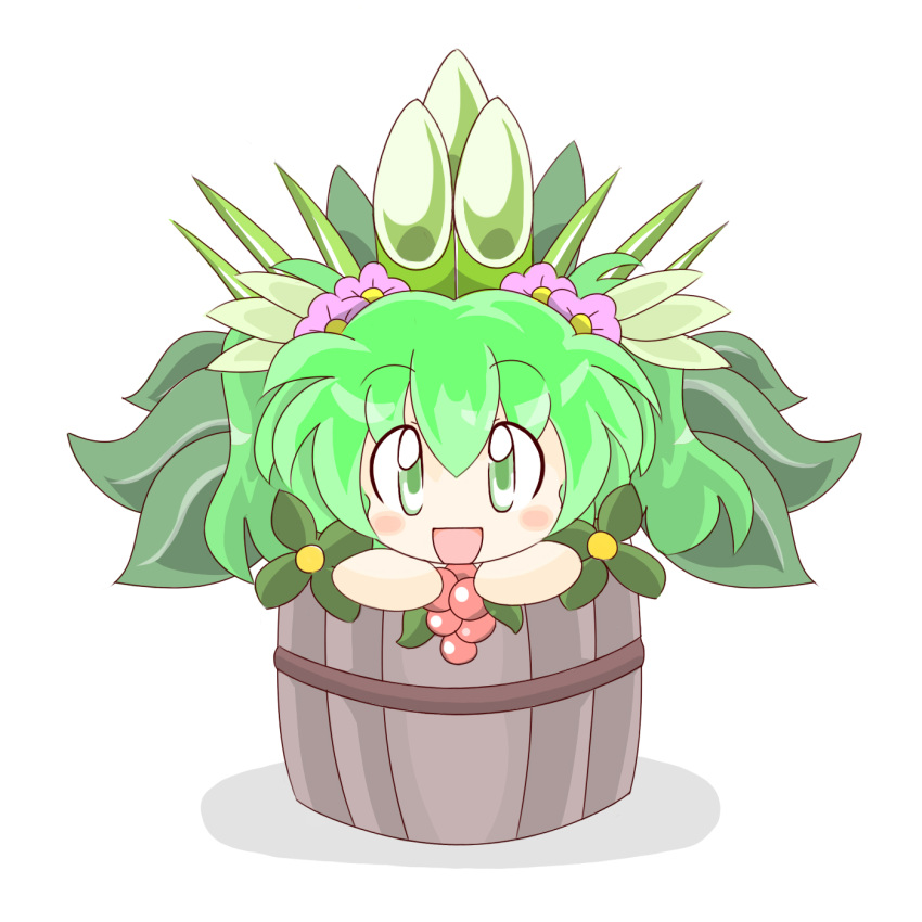 bamboo blush bucket flower food fruit grapes green_eyes green_hair hair_ornament highres in_bucket in_container kisume leaf open_mouth plant ruto5102 short_hair solo touhou twintails