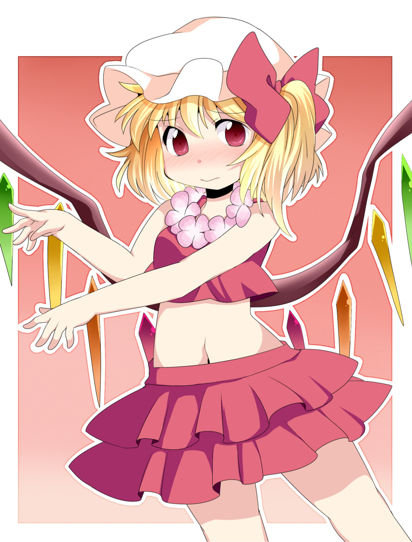 aenobas alternate_costume bare_shoulders blonde_hair blush bow dancing embarrassed flandre_scarlet flower_necklace hair_bow hammer_(sunset_beach) hat highres hula lei midriff navel red_eyes short_hair side_ponytail simple_background skirt solo touhou wings
