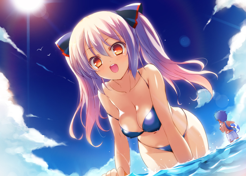 :d ball beachball bikini blue_eyes blue_hair breasts cleavage collarbone from_below hair_ribbon long_hair looking_at_viewer open_mouth orange_eyes original pink_hair red_eyes ribbon sdwing shorts sky smile sunlight swimsuit twintails water