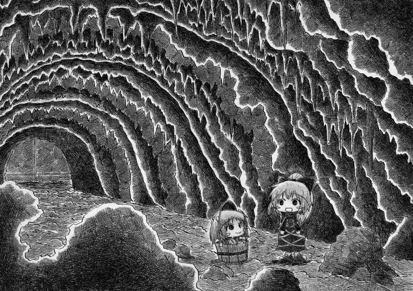 blush_stickers bow bucket cave hair_bobbles hair_bow hair_ornament in_bucket in_container kisume kurodani_yamame long_sleeves monochrome multiple_girls open_mouth ponytail rock short_hair smile soyanrai touhou twintails