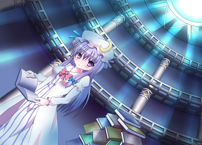 blush book bow crescent hair_bow hat highres long_hair long_sleeves open_mouth patchouli_knowledge purple_eyes purple_hair solo touhou violet_eyes whitey