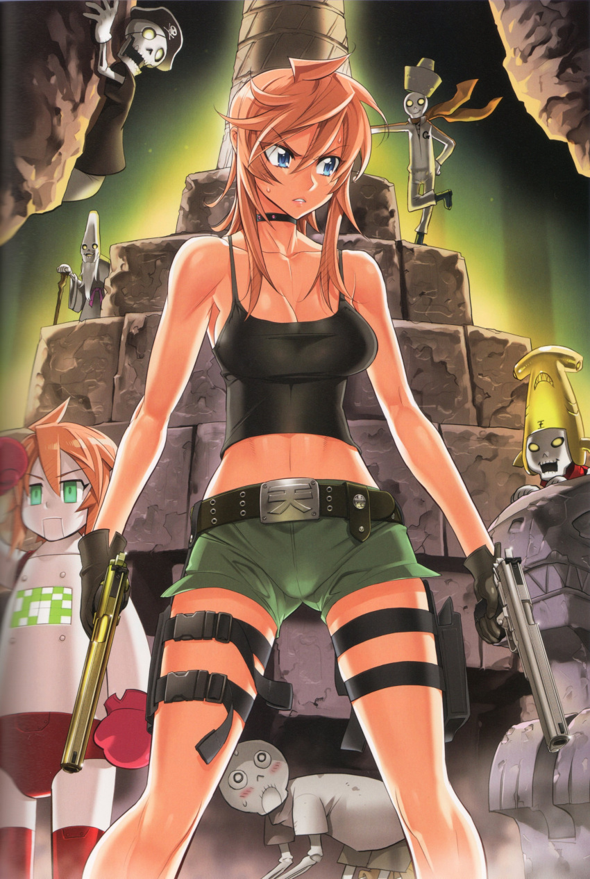 absurdres belt blue_eyes breasts brown_hair character_request choker cleavage copyright_request dual_wielding frown gloves gun handgun highres holster large_breasts lipstick makeup midriff parted_lips pistol robot satou_shouji scan shorts skeleton standing tank_top taut_shirt thigh_holster thigh_strap toned weapon