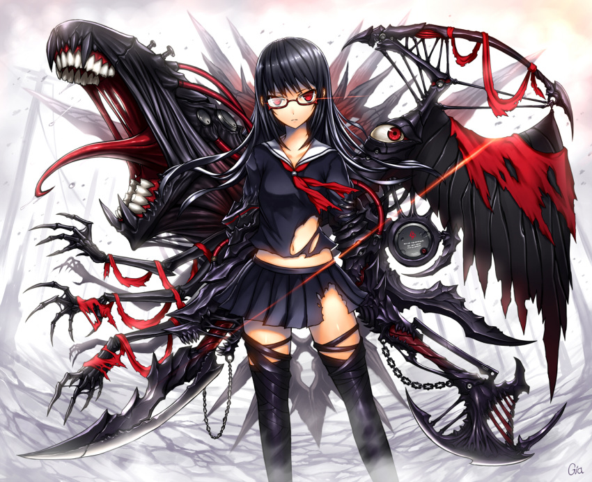 1girl axe black_hair black_legwear chain gia glasses long_hair monster original red_eyes school_uniform serafuku skirt solo thighhighs torn_clothes torn_skirt very_long_hair weapon