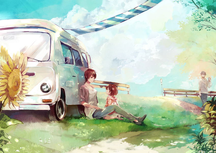 2girls breasts brown_hair child cleavage cloud clouds flower grass mmk0305 mother_and_daughter motor_vehicle multiple_girls on_grass original outdoors pants railing road_sign short_hair sign sitting sky smile sunflower tree tree_shade van vehicle