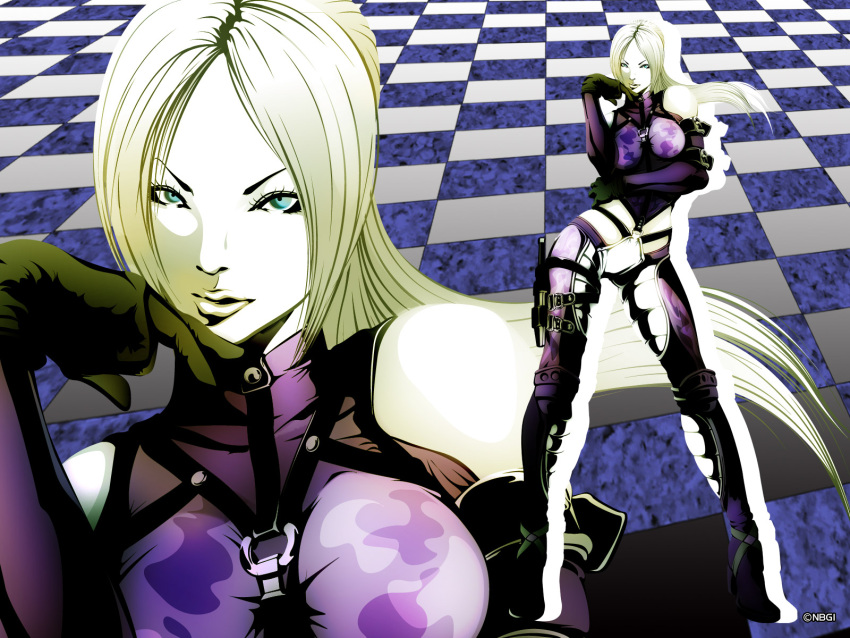 1girl bare_shoulders blonde_hair blue_eyes bodysuit boots breasts checkered checkered_background contrapposto elbow_gloves flat_color gloves highres junny knee_boots knife large_breasts lips long_hair namco nina_williams official_art ponytail solo tekken tekken_2 tekken_tag_tournament tekken_tag_tournament_2 tomio_fujisawa wallpaper
