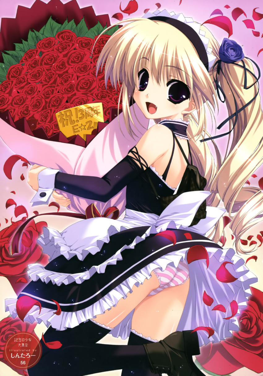 :d absurdres artist_name bare_shoulders black_legwear blonde_hair bouquet drill_hair fang flower hair_flower hair_ornament hair_ribbon highres holding leg_up long_hair looking_at_viewer maid maid_headdress open_mouth original panties petals purple_eyes red_rose ribbon rose scan shintarou smile solo striped striped_panties thigh-highs thighhighs twintails underwear violet_eyes