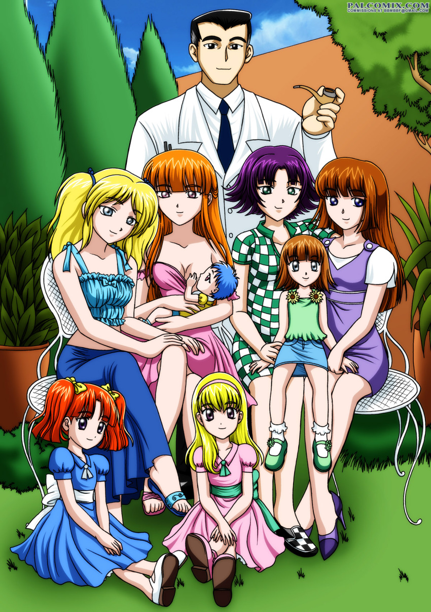 8girls bbmbbf black_eyes black_hair blonde_hair blossom_(ppg) blouse blue_eyes breastfeeding brown_hair bubbles_(ppg) buttercup_(ppg) dress family girl green_eyes hairband hands_in_lap high_heels lab_coat long_hair man mary_janes original_character pink_eyes pipe portrait powerpuff_girls professor_utonium purple_hair redhead robin_schnieder sandals shoes short_hair skirt twintails violet_eyes