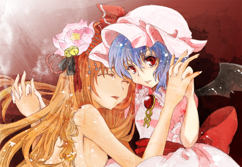 alternate_hairstyle bad_id bare_shoulders bat_wings blue_hair breasts brooch closed_eyes dress eyes_closed flower graphite_(medium) hair_down hair_flower hair_ornament hand_holding hat holding_hands hong_meiling jewelry large_breasts looking_at_viewer multiple_girls nude parted_lips red_eyes remilia_scarlet short_hair sideboob sleeping tamago_furikake touhou traditional_media wings