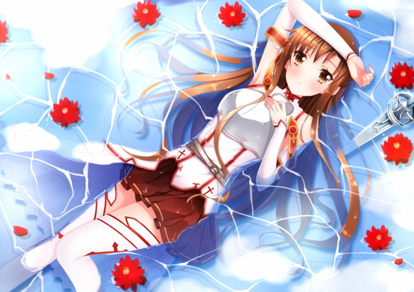 arm_up asuna_(sao) asuna_(sword_art_online) bare_shoulders blush breastplate brown_eyes brown_hair detached_sleeves flower long_hair looking_at_viewer lying on_back partially_submerged skirt solo sword sword_art_online swordsouls thigh-highs thighhighs water weapon wet_clothes white_legwear