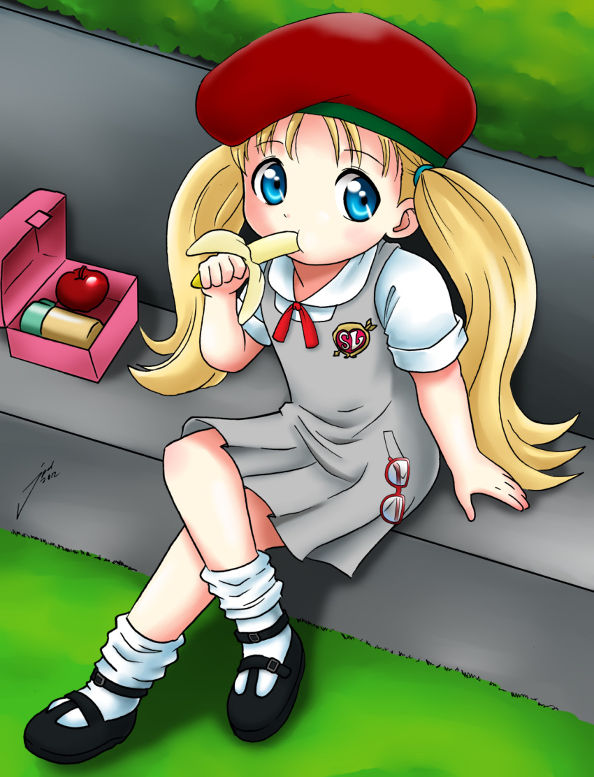 1girl banana beret blonde_hair blouse blue_eyes child crossed_legs dress eating fruit glasses long_hair lunchbox mary_janes original school_uniform sitting socks solo source_request uniform