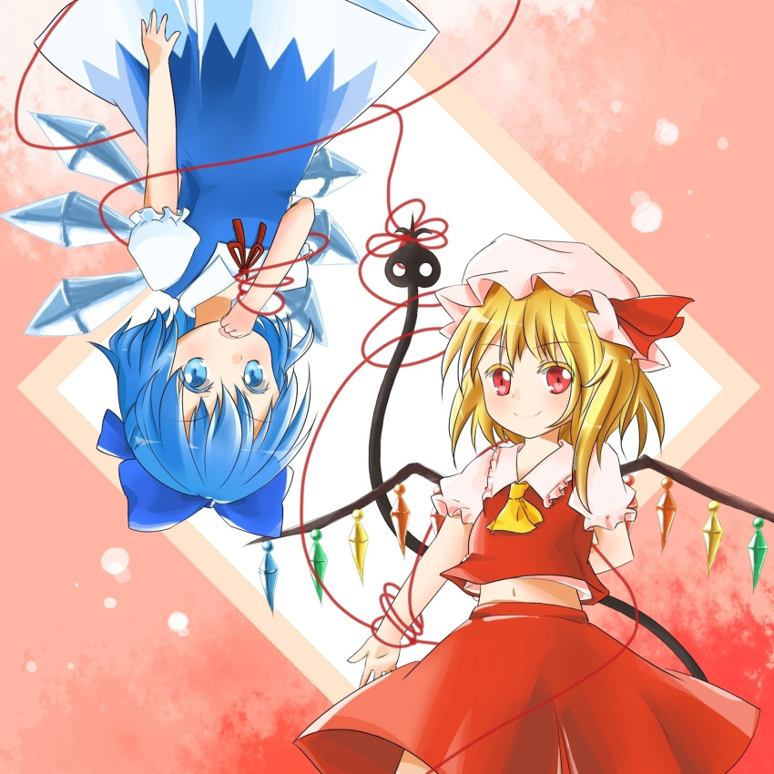 aaaabo arm_behind_back ascot blonde_hair blue_eyes blue_hair bow cirno colored_eyelashes dress fairy_wings flandre_scarlet hair_bow hand_in_mouth hat hat_ribbon highres ice ice_wings laevatein looking_at_viewer midriff multiple_girls navel open_mouth red_eyes red_string ribbon shirt short_sleeves side_ponytail skirt skirt_set smile string thread touhou upside-down wings
