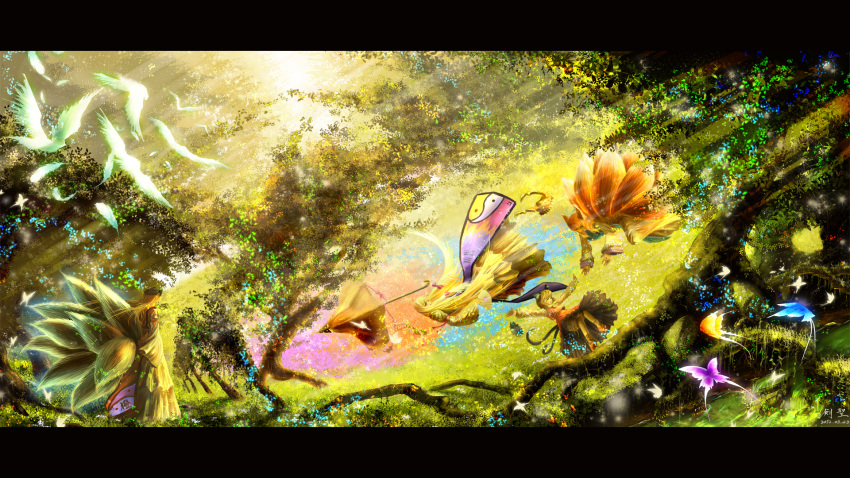 animal animal_ears bird blonde_hair bow butterfly cat_ears cat_tail catgirl character_request chen chimerism colorful feathers flowers forest fox_ears fox_tail foxgirl fusion hair_bow hat hat_removed headwear_removed highres long_hair long_skirt long_sleeves multiple_girls multiple_tails nature outstretched_arms scenery scenic short_hair skirt tagme_(character) tail touhou tree tsurugi_hijiri umbrella very_long_hair wide_sleeves yakumo_ran yakumo_yukari yin_yang