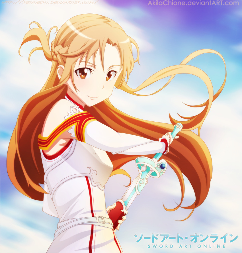 1girl asuna asuna_(sao) bare_shoulders blue_sky breastplate brown_eyes brown_hair detached_sleeves female rapier smile solo sword sword_art_online weapon