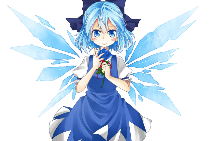 blue_eyes blue_hair blue_rose blush_stickers bow cirno flower hair_bow highres ice ice_wings o0baijin0o puffy_sleeves rose short_sleeves slit_pupils smile solo touhou wings