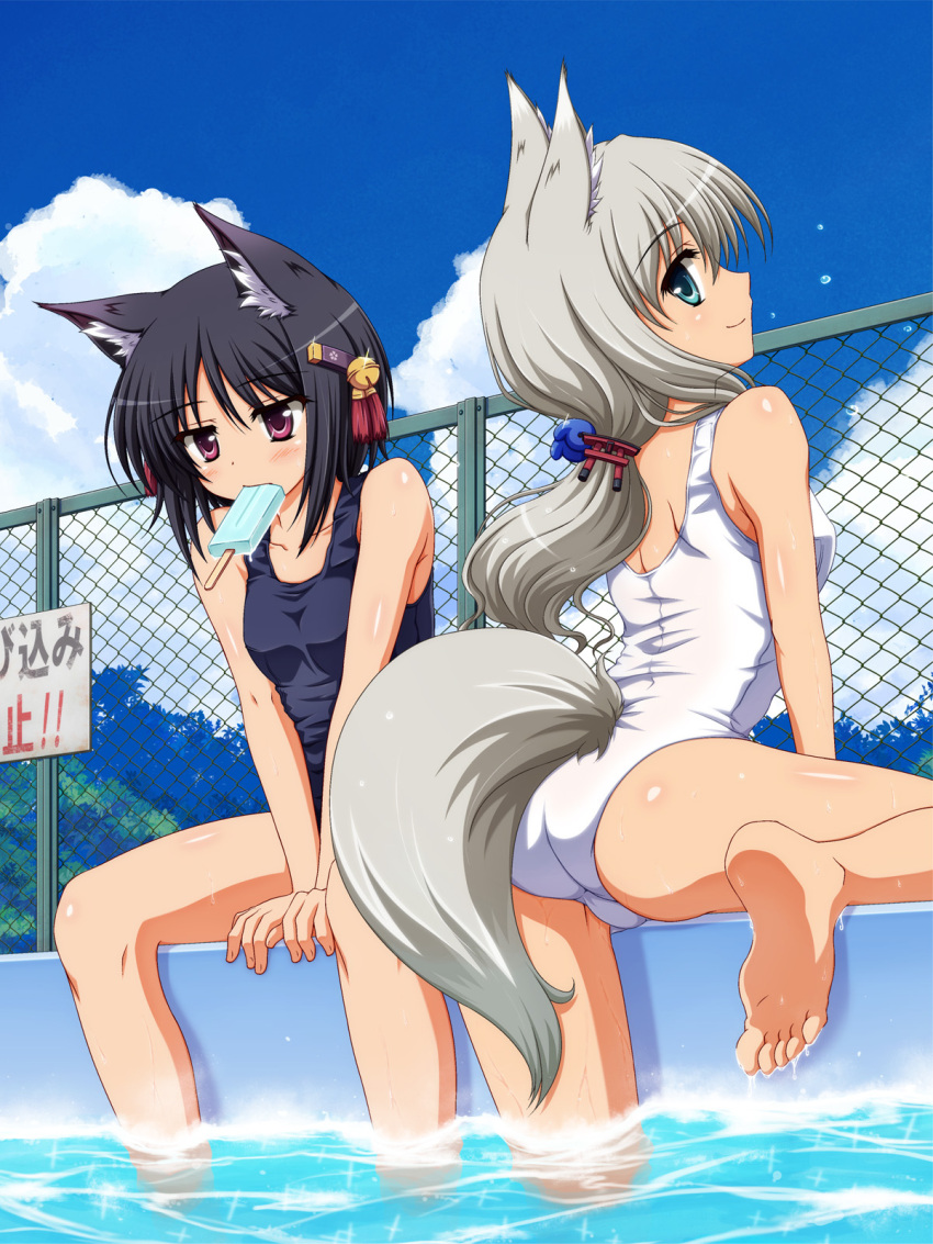 animal_ears aqua_eyes ass barefoot bell black_hair blush chainlink_fence dog_ears dog_tail feet feet_in_water fence fox_ears fox_tail hair_bell hair_ornament highres long_hair magatama mouth_hold multiple_girls one-piece_swimsuit original panties pool poolside popsicle red_eyes school_swimsuit silver_hair sitting smile soaking_feet soles swimsuit tail underwear v_arms vfenster water wet white_panties white_school_swimsuit